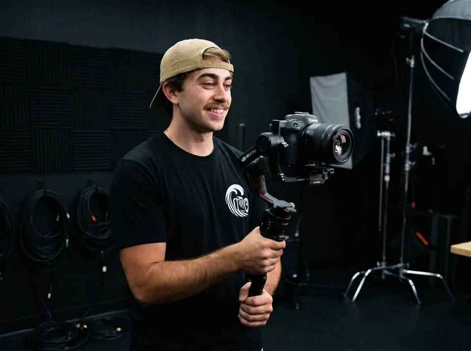 Agustin Romero operating a Canon cinema camera on a gimbal in the Wave Creative studio