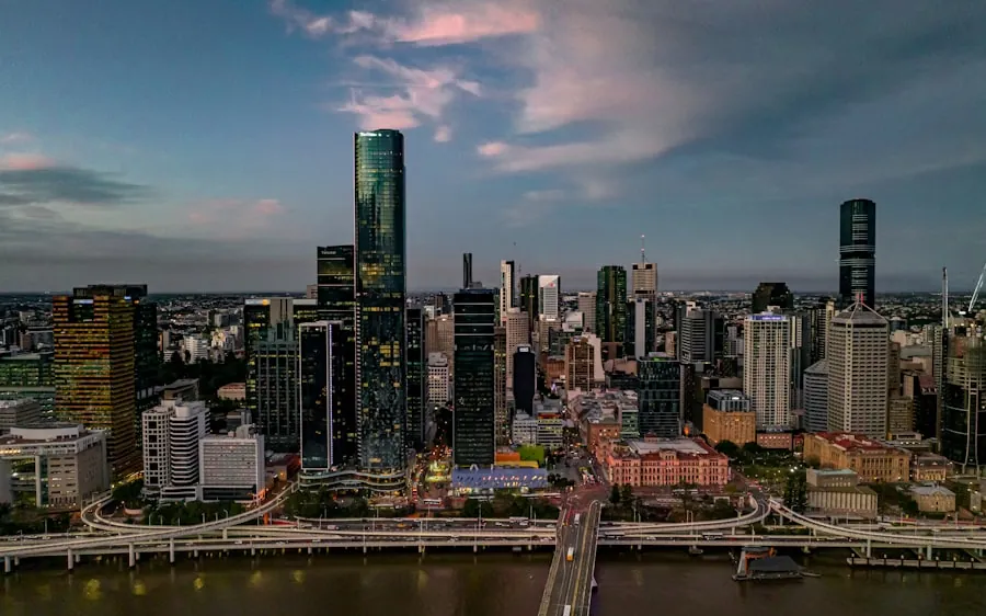 Brisbane city skyline and the river at dusk