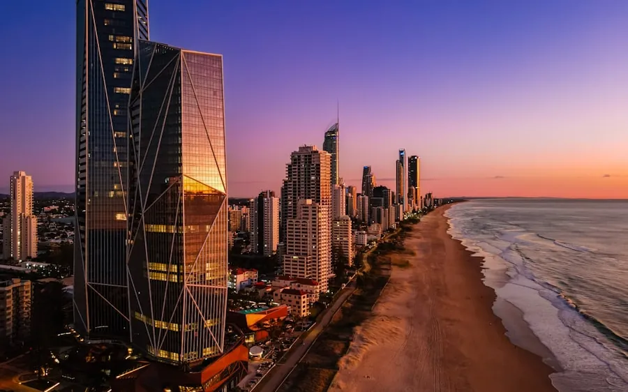 Surfers Paradise towers and the Gold Coast beach at dusk