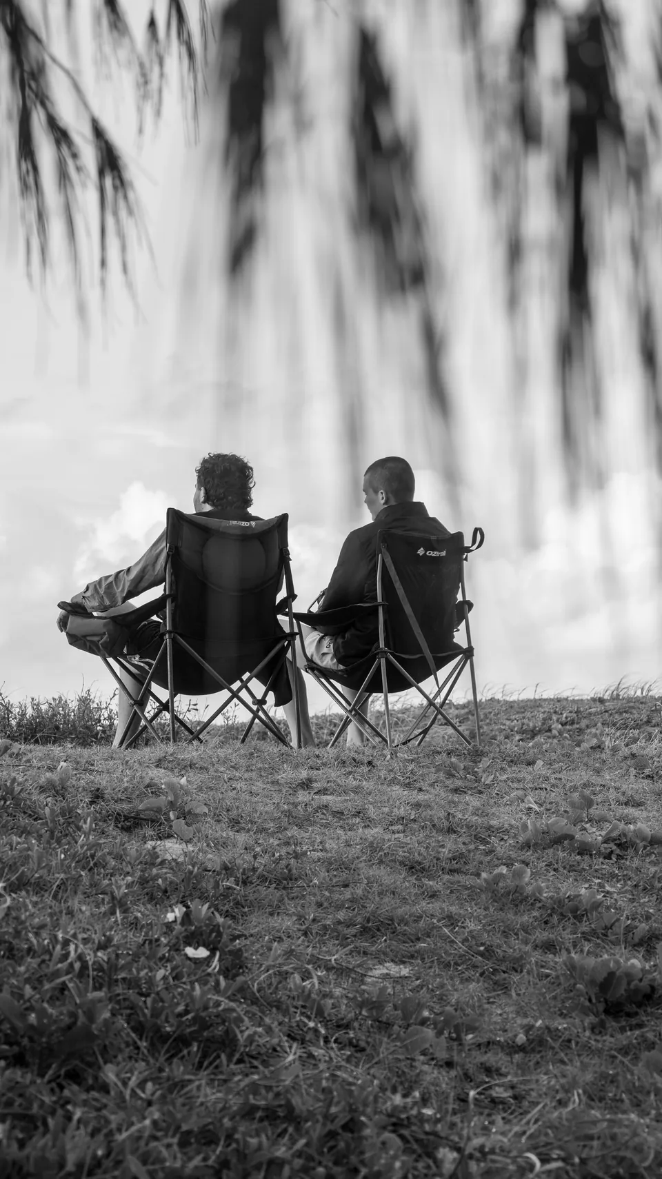 Black and white photograph of two people sitting under a tree