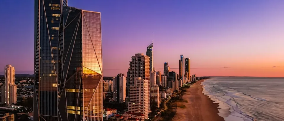 The Surfers Paradise skyline and beachfront on the Gold Coast at sunset
